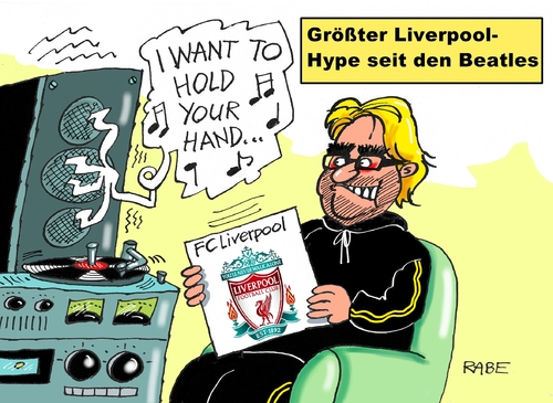 Cartoon: Liverklopp (medium) by RABE tagged klopp,trainer,fc,liverpool,fussballtrainer,borrusia,dortmund,kloppo,trainerwechsel,ablösesumme,rabe,ralf,böhme,cartoon,karikatur,pressezeichnung,farbcartoon,tagescartoon,beatles,hype,beatlemania,single,pop,rock,plattenspieler,want,to,hold,your,hand,klopp,trainer,fc,liverpool,fussballtrainer,borrusia,dortmund,kloppo,trainerwechsel,ablösesumme,rabe,ralf,böhme,cartoon,karikatur,pressezeichnung,farbcartoon,tagescartoon,beatles,hype,beatlemania,single,pop,rock,plattenspieler,want,to,hold,your,hand