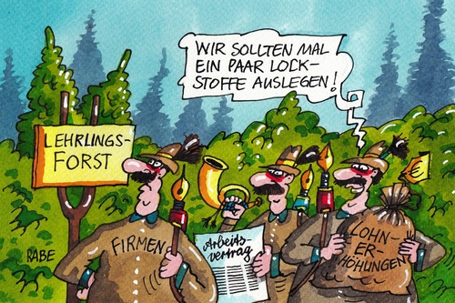 Cartoon: Lockstoffe (medium) by RABE tagged wald,förster,jäger,unternehmer,lockstoffe,wild,rabe,ralf,böhme,cartoonkarikatur,lehrstellen,lehrlinge,azubi,arbeitsplätze,wald,förster,jäger,unternehmer,lockstoffe,wild,rabe,ralf,böhme,cartoonkarikatur,lehrstellen,lehrlinge,azubi,arbeitsplätze