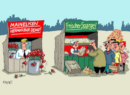 Cartoon: Maidemonstartionen (medium) by RABE tagged merz,kanzler,koalition,union,spd,klingbeil,cartoon,karikatur,pressezeichnung,farbcartoon,tagescartoon,db,bahn,frühling,frühjahr,frühjahrsputz,ice,zug,blumenkasten,blumenkästen,mai,maifeier,maidemo,demo,demonstrationen,nelke,mainelke,spargel,spargelzeit,spargelstand,merz,kanzler,koalition,union,spd,klingbeil,cartoon,karikatur,pressezeichnung,farbcartoon,tagescartoon,db,bahn,frühling,frühjahr,frühjahrsputz,ice,zug,blumenkasten,blumenkästen,mai,maifeier,maidemo,demo,demonstrationen,nelke,mainelke,spargel,spargelzeit,spargelstand