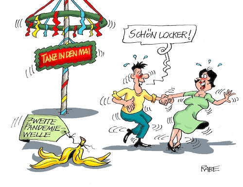 Cartoon: Maientänzchen (medium) by RABE tagged virus,corona,pandemie,coronakrise,rabe,ralf,böhme,cartoon,karikatur,pressezeichnung,farbcartoon,tagescartoon,viren,virenschutz,mundschutz,desinfektion,föderal,föderalismus,ländersache,maikranz,maibaum,maigrün,maitanz,pandemiewelle,bananenschale,rutschgefahr,lockerung,tanz,tanzpaar,virus,corona,pandemie,coronakrise,rabe,ralf,böhme,cartoon,karikatur,pressezeichnung,farbcartoon,tagescartoon,viren,virenschutz,mundschutz,desinfektion,föderal,föderalismus,ländersache,maikranz,maibaum,maigrün,maitanz,pandemiewelle,bananenschale,rutschgefahr,lockerung,tanz,tanzpaar