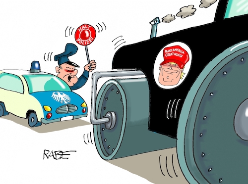 Cartoon: Make Scholz Great Again (medium) by RABE tagged ampel,ampelregierung,rot,grün,gelb,fdp,spd,grüne,rabe,ralf,böhme,cartoon,karikatur,pressezeichnung,farbcartoon,tagescartoon,inflation,einkommen,rente,rentenpaket,bruch,streit,neuwahlen,kanzlerkandidar,wahlkampf,donald,trump,musk,präsident,einmischung,größenwahn,dampfwalze,polizei,polizeiwagen,polizist,stopp,kelle,ampel,ampelregierung,rot,grün,gelb,fdp,spd,grüne,rabe,ralf,böhme,cartoon,karikatur,pressezeichnung,farbcartoon,tagescartoon,inflation,einkommen,rente,rentenpaket,bruch,streit,neuwahlen,kanzlerkandidar,wahlkampf,donald,trump,musk,präsident,einmischung,größenwahn,dampfwalze,polizei,polizeiwagen,polizist,stopp,kelle