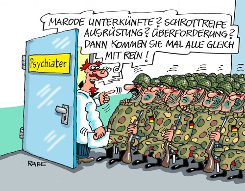 Cartoon: Marodes (medium) by RABE tagged bundeswehr,soldaten,verteidigungsministerin,von,der,leyen,ausstattung,waffen,unterkünfte,kasernen,schrott,ausrüstung,arbeitsbedingungen,rabe,ralf,böhme,cartoon,karikatur,pressezeichnung,tagescartoon,heer,material,überforderung,bundeswehr,soldaten,verteidigungsministerin,von,der,leyen,ausstattung,waffen,unterkünfte,kasernen,schrott,ausrüstung,arbeitsbedingungen,rabe,ralf,böhme,cartoon,karikatur,pressezeichnung,tagescartoon,heer,material,überforderung