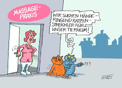 Cartoon: Massage für Katzen (medium) by RABE tagged tierheim,belastungsgrenze,katzen,katzenschwemme,tierelend,tierleid,kastration,streicheleinheiten,tierhilfe,cartoon,karikatur,pressezeichnung,farbcartoon,tagescartoon,massage,katzenstreichler,massagepraxis,tierheim,belastungsgrenze,katzen,katzenschwemme,tierelend,tierleid,kastration,streicheleinheiten,tierhilfe,cartoon,karikatur,pressezeichnung,farbcartoon,tagescartoon,massage,katzenstreichler,massagepraxis