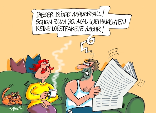 Cartoon: Mauerfall der Dreissigste (medium) by RABE tagged mauerfall,grenzöffnung,montagsdemo,einheit,ddr,sed,regime,stasi,westen,osten,bundesländer,rabe,ralf,böhme,cartoon,karikatur,pressezeichnung,farbcartoon,tagescarttoon,pakete,weihnachten,post,westpakete,weihnachtsfest,weihnachtsmann,geschenke,mauerfall,grenzöffnung,montagsdemo,einheit,ddr,sed,regime,stasi,westen,osten,bundesländer,rabe,ralf,böhme,cartoon,karikatur,pressezeichnung,farbcartoon,tagescarttoon,pakete,weihnachten,post,westpakete,weihnachtsfest,weihnachtsmann,geschenke