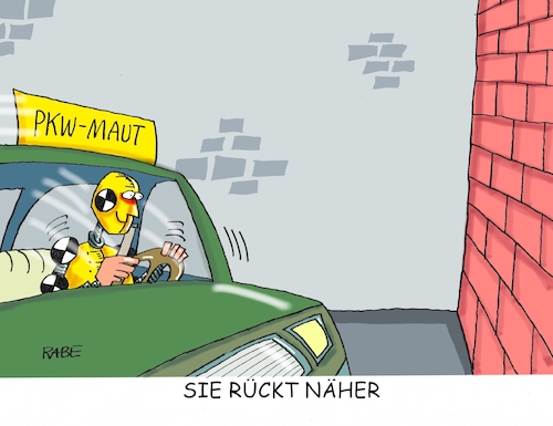 Cartoon: Maut (medium) by RABE tagged maut,dobrindt,verkehrsminister,eu,brüssel,autofahrer,merkel,kanzlerin,rabe,ralf,böhme,cartoon,karikatur,pressezeichnung,farbcartoon,tagescartoon,bundestagswahl,parlament,bundestag,ausländermaut,dummi,pkw,testfahrt,wand,aufprall,maut,dobrindt,verkehrsminister,eu,brüssel,autofahrer,merkel,kanzlerin,rabe,ralf,böhme,cartoon,karikatur,pressezeichnung,farbcartoon,tagescartoon,bundestagswahl,parlament,bundestag,ausländermaut,dummi,pkw,testfahrt,wand,aufprall