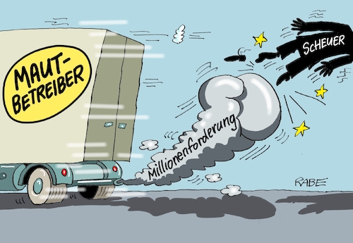 Cartoon: Mautforderung (medium) by RABE tagged scheuer,verkehrsminister,roller,unfallae,straßenverkehr,unaufmerksamkeit,rabe,ralf,böhme,cartoon,karikatur,pressezeichnung,farbcartoon,tagescartoon,baum,pkw,mautbetreiber,millionenforderung,ko,andy,klage,rücktritt,millionen,scheuer,verkehrsminister,roller,unfallae,straßenverkehr,unaufmerksamkeit,rabe,ralf,böhme,cartoon,karikatur,pressezeichnung,farbcartoon,tagescartoon,baum,pkw,mautbetreiber,millionenforderung,ko,andy,klage,rücktritt,millionen