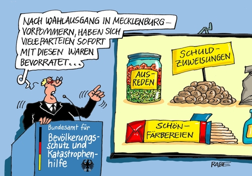 Cartoon: Meckpomm Wahlen (medium) by RABE tagged spd,cdu,schwerin,landtagswahl,vorpommern,mecklenburg,meckpomm,stimmabgabe,wahlkabine,sonntag,wähler,grüne,linke,afd,farbcartoon,pressezeichnung,karikatur,cartoon,böhme,ralf,rabe,wahlsiegre,npd,rechte,flüchtlingspolitik,wahlniederlage,wahlausgang,ausreden,schönfärbereien,schuldzuweisungen,hamsterkäufe,bevorratung,katastrophenhilfe,bevölkerungsschutz,bundesamt,tagescartoon,fremmdenhass,meckpomm,mecklenburg,vorpommern,landtagswahl,schwerin,cdu,spd,afd,linke,grüne,wähler,sonntag,wahlkabine,stimmabgabe,wahlsiegre,rabe,ralf,böhme,cartoon,karikatur,pressezeichnung,farbcartoon,tagescartoon,bundesamt,bevölkerungsschutz,katastrophenhilfe,bevorratung,hamsterkäufe,schuldzuweisungen,schönfärbereien,ausreden,wahlausgang,wahlniederlage,flüchtlingspolitik,rechte,npd,fremmdenhass