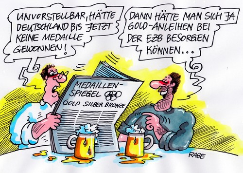 Cartoon: Medaillenspiegel (medium) by RABE tagged medaille,medaillenspiegel,gold,silber,bronze,siegerehrung,siegerpodest,deutschland,edelmetall,siegertreppchen,winner,gewinner,anleihen,ezb,euro,krise,banken,spekulanten,finanzchefs,fiskalpakt,rettungsschirm,scguldenschnitt,eurobomds,kredit,olympiade,spiele,sport,london,england,wettkämpfe,disziplinen,sieger,wettkämpfer,sportler,athleten,schwimmer,athletinnen,leichtathleten,schwerathleten,doping,griechenland,athen,läufer,sprinter,aschenbahn,feuer,fackel,fackelträger,flamme,olympiafackel,geldanleihen,goldanleihen