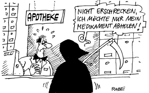 Cartoon: Medikamentenabholer (medium) by RABE tagged apotheke,apotheker,verkäufer,ladentisch,apothekennotdienst,apothekenrundschau,medizin,rezept,verschreibungspflicht,gebühr,pillen,zäpfchen,arznei,patient,arzt,doktor,praxisgebühr,tabletten,tropfen,schreck,abholung,sense,sensenmann,tod,gesundheit,gesundheitsreform,zuzahlung,krankenkassen,kassenbeitrag,aok,barmer,privat,chipkarte,gesundheitsminister,bonusheft,apotheke,apotheker,verkäufer,ladentisch,medizin,gebühr,pillen,zäpfchen,arznei,patient,arzt,doktor,verschreibungspflicht