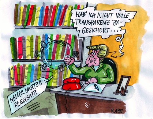 Cartoon: Mehr Transparenz (medium) by RABE tagged arbeitsplatz,job,unterstützung,arbeitsamt,bundeskanzlerin,schreibtisch,steuern,sparschwein,iv,hartz,sozialhilfe,transparenz,euro,merkel,merkel,euro,sozialhilfe,hartz,sparschwein,steuern,schreibtisch,bundeskanzlerin