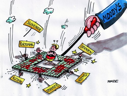 Cartoon: Merkelbiene (medium) by RABE tagged schuldenkrise,eurokrise,euro,deutschland,cdu,kanzlerin,merkel,schuldenerlass,schuldenschnitt,eurobond,sarkozy,frankreich,staatschefs,brüssel,eu,rettungsschirm,schulden,slowenien,abwertung,herabstufung,moodys,ratingagentur,rating,hellas,athen,griechenland,fliege,biene,slowakei,malta,italien,spanien,portugal,eurostaaten,euroländer,spekulanten,geldgeschäfte,börsianer,kredit,banken,börse,klatsche,schlag,fliegenpatsche,merkel,kanzlerin,deutschland,euro,eurokrise,schuldenkrise,schulden,rettungsschirm,brüssel,staatschefs