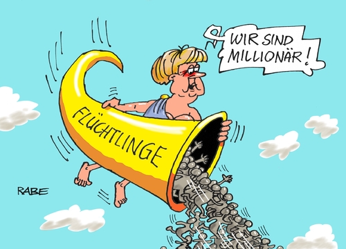 Cartoon: Merkelfee (medium) by RABE tagged merkel,kanzlerin,cdu,csu,seehofer,flüchtlinge,flüchtlingskrise,syrien,einreise,obergrenze,flüchtlingsheim,aufnahmestopp,rabe,ralf,böhme,cartoon,karikatur,pressezeichnung,farbcartoon,tagescartoon,fee,lottofee,füllhorn,flüchtlingsdebatte,abschiebung,millionärär,merkel,kanzlerin,cdu,csu,seehofer,flüchtlinge,flüchtlingskrise,syrien,einreise,obergrenze,flüchtlingsheim,aufnahmestopp,rabe,ralf,böhme,cartoon,karikatur,pressezeichnung,farbcartoon,tagescartoon,fee,lottofee,füllhorn,flüchtlingsdebatte,abschiebung,millionärär