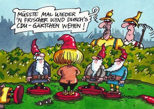 Cartoon: Merkelzwerge (medium) by RABE tagged merkel,kanzlerin,cdu,koalition,berlin,bundesregierung,rabe,ralf,böhme,cartoon,farbcartoon,pressezeichnung,zwerge,gartenzwerge,garten,gärtner,wind,merkel,kanzlerin,cdu,koalition,berlin,bundesregierung,rabe,ralf,böhme,cartoon,farbcartoon,pressezeichnung,zwerge,gartenzwerge,garten,gärtner,wind