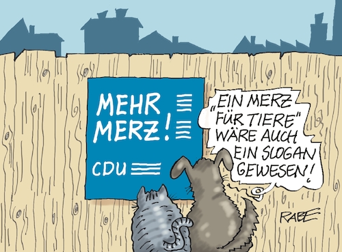 Cartoon: Merz für Tiere (medium) by RABE tagged merz,kanzler,koalition,union,spd,klingbeil,cartoon,karikatur,pressezeichnung,farbcartoon,tagescartoon,db,bahn,frühling,frühjahr,frühjahrsputz,ice,zug,blumenkasten,blumenkästen,esc,songcontest,kanzlertausch,neuwahlen,sturz,abwahl,tiere,hund,katze,plakat,slogan,bretterzaun,herz,merz,kanzler,koalition,union,spd,klingbeil,cartoon,karikatur,pressezeichnung,farbcartoon,tagescartoon,db,bahn,frühling,frühjahr,frühjahrsputz,ice,zug,blumenkasten,blumenkästen,esc,songcontest,kanzlertausch,neuwahlen,sturz,abwahl,tiere,hund,katze,plakat,slogan,bretterzaun,herz
