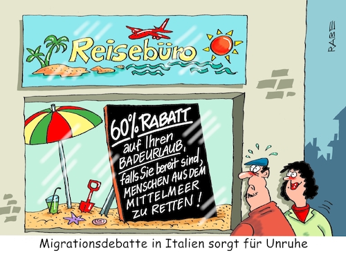 Cartoon: Migrationsdebatte (medium) by RABE tagged parlamentswahl,italien,rom,kabinettsbildung,fünfsterne,rabe,ralf,böhme,cartoon,karikatur,pressezeichnung,farbcartoon,tagescartoon,stiefel,eu,europa,migration,migrationsdebatten,mittelmeer,mittelmeerroute,schiffe,flüchtlinge,hafen,reisebüro,rabatt,urlaub,buchung,parlamentswahl,italien,rom,kabinettsbildung,fünfsterne,rabe,ralf,böhme,cartoon,karikatur,pressezeichnung,farbcartoon,tagescartoon,stiefel,eu,europa,migration,migrationsdebatten,mittelmeer,mittelmeerroute,schiffe,flüchtlinge,hafen,reisebüro,rabatt,urlaub,buchung