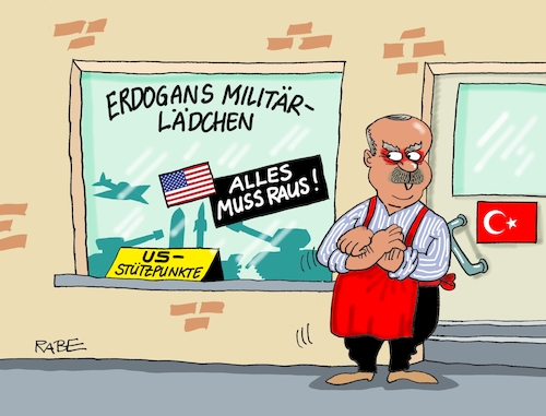 Cartoon: Militariashop (medium) by RABE tagged erdogan,akp,istanbul,bürgermeisterwahl,damoklesschwert,sultan,rabe,ralf,böhme,cartoon,karikatur,pressezeichnung,farbcartoon,tagescartoon,neuwahl,rennen,chp,imamoglu,yildirim,nato,natostaaten,trump,usa,us,militär,militärstützpunkte,schließung,raus,lädchen,erdogan,akp,istanbul,bürgermeisterwahl,damoklesschwert,sultan,rabe,ralf,böhme,cartoon,karikatur,pressezeichnung,farbcartoon,tagescartoon,neuwahl,rennen,chp,imamoglu,yildirim,nato,natostaaten,trump,usa,us,militär,militärstützpunkte,schließung,raus,lädchen