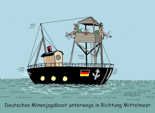 Cartoon: Minenjagdboot (medium) by RABE tagged merz,kanzler,koalition,union,spd,klingbeil,cartoon,karikatur,pressezeichnung,farbcartoon,tagescartoon,db,bahn,frühling,frühjahr,frühjahrsputz,ice,zug,blumenkasten,blumenkästen,minenjagdboot,mittelmeer,irankrieg,absicherung,straße,von,hormus,mullahs,warnschüsse,rohöltanker,kriegsschiff,hormuseinsatz,militärschiff,beschuss,merz,kanzler,koalition,union,spd,klingbeil,cartoon,karikatur,pressezeichnung,farbcartoon,tagescartoon,db,bahn,frühling,frühjahr,frühjahrsputz,ice,zug,blumenkasten,blumenkästen,minenjagdboot,mittelmeer,irankrieg,absicherung,straße,von,hormus,mullahs,warnschüsse,rohöltanker,kriegsschiff,hormuseinsatz,militärschiff,beschuss