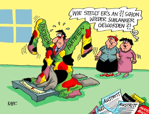 Cartoon: Mitgliederschwund (medium) by RABE tagged parteien,parteienlandschaft,mitglider,mitgliederschwund,parteibuch,austritt,grüne,spd,linke,cdu,csu,afd,fdp,rabe,ralf,böhme,cartoon,karikatur,pressezeichnung,farbcartoon,tagescartoon,waage,personenwaage,schlnkheit,anzug,fett,parteien,parteienlandschaft,mitglider,mitgliederschwund,parteibuch,austritt,grüne,spd,linke,cdu,csu,afd,fdp,rabe,ralf,böhme,cartoon,karikatur,pressezeichnung,farbcartoon,tagescartoon,waage,personenwaage,schlnkheit,anzug,fett