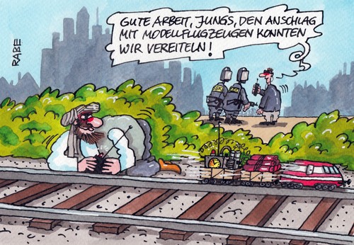 Cartoon: Modelltalibahn (medium) by RABE tagged anschlag,anschlagserie,modellflieger,modellflugzeug,modelleisenbahn,terroristen,terroranschlag,sprengstoffanschlag,polizei,sek,bahnbahnschiene,eisenbahn,rabe,ralf,böhme,cartoon,karikatur,pressezeichnung,farbcartoon,anschlagspläne,islamisten,fernsteuerung,sprengstoff,zeitzunder,bka,spezialeinsatzkommando,anschlag,anschlagserie,modellflieger,modellflugzeug,modelleisenbahn,terroristen,terroranschlag,sprengstoffanschlag,polizei,sek,bahnbahnschiene,eisenbahn,rabe,ralf,böhme,cartoon,karikatur,pressezeichnung,farbcartoon,anschlagspläne,islamisten,fernsteuerung,sprengstoff,zeitzunder,bka,spezialeinsatzkommando