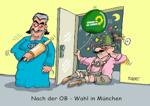 Cartoon: München hat gewählt (medium) by RABE tagged merz,kanzler,koalition,union,spd,klingbeil,cartoon,karikatur,pressezeichnung,farbcartoon,tagescartoon,bürokratie,verwaltung,beamte,modernisierung,monster,drachen,schwert,holzschwert,nägel,säge,markus,söder,csu,kommunahlwahlen,oberbürgermeister,münchen,wunschkandidat,krause,grün,grüne,nudelholz,mitternacht,luftballon,merz,kanzler,koalition,union,spd,klingbeil,cartoon,karikatur,pressezeichnung,farbcartoon,tagescartoon,bürokratie,verwaltung,beamte,modernisierung,monster,drachen,schwert,holzschwert,nägel,säge,markus,söder,csu,kommunahlwahlen,oberbürgermeister,münchen,wunschkandidat,krause,grün,grüne,nudelholz,mitternacht,luftballon