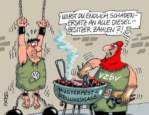 Cartoon: Musterfeststellungsfolter (medium) by RABE tagged klimawandel,umwelt,umweltministerin,schulze,sp,klimapreis,heizung,auto,rabe,ralf,böhme,cartoon,karikatur,pressezeichnung,farbcartoon,tagescartoon,brücke,bettler,verkehr,klimaprämie,friday,for,future,dieselbesitzer,dieselskandal,dieselfahrzeug,vw,volkswagen,musterfeststellungsklage,folter,folterknecht,folterkammer,prozess,rivhter,verbraucher,schadenersatz,olg,verbraucherzentrale,musterklage,vzbv,schadstoffausstoss,klimawandel,umwelt,umweltministerin,schulze,sp,klimapreis,heizung,auto,rabe,ralf,böhme,cartoon,karikatur,pressezeichnung,farbcartoon,tagescartoon,brücke,bettler,verkehr,klimaprämie,friday,for,future,dieselbesitzer,dieselskandal,dieselfahrzeug,vw,volkswagen,musterfeststellungsklage,folter,folterknecht,folterkammer,prozess,rivhter,verbraucher,schadenersatz,olg,verbraucherzentrale,musterklage,vzbv,schadstoffausstoss