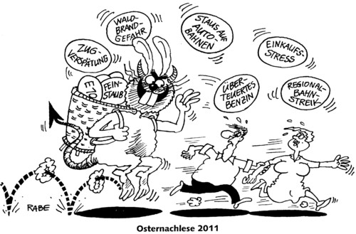 Cartoon: Nachösterliches (medium) by RABE tagged osterhase,ostern,osterfest,osterei,e10,benzin,kraftstoff,benzinpreis,super,plus,ökokraftstoff,benzinpreiserhöhung,bahnstreik,gdl,deutsche,bahn,lokführerstreik,streik,pollenflug,feinstaub,feinstaubbelastung,zugverspätung,staub,regionalbahnstreik,euro,krise,einkaufen,einkaufswagen,supermarkt,stau,autobahn,stauende,stauanfang,verkehrsfunk,waldbrand,waldbrandgefahr,funkenflug,feuerwehr,teufel,bundesregierung,autobahnmaut,kanzlerin,ehepaar,mann,frau,satan,eierkorb,ostern,osterhase,osterfest,osterei,e10,benzin,kraftstoff,benzinpreis,plus,ökokraftstoff,benzinpreiserhöhung,bahnstreik,lokführerstreik,gdl,pollenflug,streik,feinstaub,feinstaubbelastung,zugverspätung