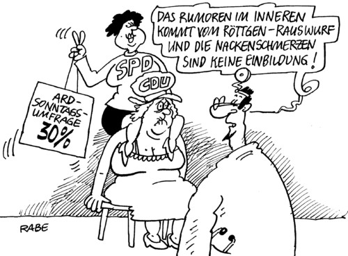 Cartoon: Nackenschmerzen (medium) by RABE tagged cdu,spd,kanzlerin,merkel,umfrage,sonntagsumfrage,ard,politbarometer,arzt,doktor,sprechstunde,diagnose,rumoren,röttgen,rauswurf,nrw,landtagswahl,nacken,nackenschmerzen,einbildung,wahldebakel,umfragetief,umweltminister,exumweltminister,atomaussteig,energiewende,cdu,spd,merkel,arzt,doktor