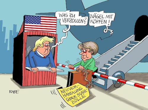 Cartoon: Nägel mit Köpfen (medium) by RABE tagged donald,trump,usa,us,president,washington,botschaften,länder,hauptstädte,rabe,ralf,böhme,cartoon,karikatur,pressezeichnung,farbcartoon,tagescartoon,merkel,kanzlerin,arbeitbesuch,strafzölle,eu,verhandlungen,stahlzölle,rücknahme,handelskrieg,flughafen,zollhaus,schranke,donald,trump,usa,us,president,washington,botschaften,länder,hauptstädte,rabe,ralf,böhme,cartoon,karikatur,pressezeichnung,farbcartoon,tagescartoon,merkel,kanzlerin,arbeitbesuch,strafzölle,eu,verhandlungen,stahlzölle,rücknahme,handelskrieg,flughafen,zollhaus,schranke