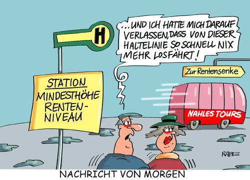 Cartoon: Nahles Rentenniveau (medium) by RABE tagged nahles,spd,sozialministerin,rentenniveau,haltelinie,mindesthöhe,rabe,ralf,böhme,cartoon,karikatur,pressezeichnung,farbcartoon,tagescartoon,haltestelle,bus,buslinie,reisebus,nahles,spd,sozialministerin,rentenniveau,haltelinie,mindesthöhe,rabe,ralf,böhme,cartoon,karikatur,pressezeichnung,farbcartoon,tagescartoon,haltestelle,bus,buslinie,reisebus