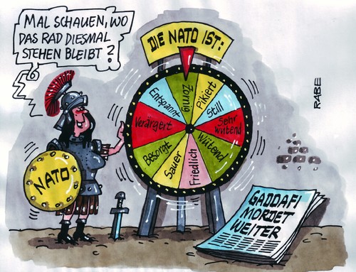 Cartoon: NATO-Spiele (medium) by RABE tagged nato,militärbündnis,deutschland,england,frankreich,gaddafi,libyen,wüste,rebellen,volksaufstand,diktator,mord,gewalt,luftangriff,kampfjet,jagdflieger,luftraumüberwachung,luftraum,sicherheitszone,embargo,sanktionen,außenminister,fdp,westerwelle,verteidigungsminister,cdu,kanzlerin,merkel,bundesrepublik,erdöl,öl,krise,euro,rüstung,raketen,bomben,terror,helm,schild,schwert,zeitung,presse,nachrichten,schlagzeile,headline,glücksspiel,glücksrad,lotterie,zorn,pikiertheit,stille,wut,frieden,krieg,sorge,ärger,entspannung,libyen,bürgerkrieg,westen,einsatz,militär,nato,flugverbot,un,resolution,deutschland,enthaltung