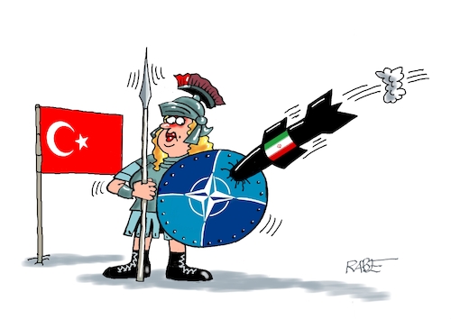 Cartoon: NATO Beschuss (medium) by RABE tagged merz,kanzler,koalition,union,spd,klingbeil,cartoon,karikatur,pressezeichnung,farbcartoon,tagescartoon,bürokratie,verwaltung,beamte,modernisierung,monster,drachen,schwert,holzschwert,nägel,säge,trump,usa,israel,iran,irankonflikt,türkei,beschuss,rakete,provokation,schild,speer,merz,kanzler,koalition,union,spd,klingbeil,cartoon,karikatur,pressezeichnung,farbcartoon,tagescartoon,bürokratie,verwaltung,beamte,modernisierung,monster,drachen,schwert,holzschwert,nägel,säge,trump,usa,israel,iran,irankonflikt,türkei,beschuss,rakete,provokation,schild,speer
