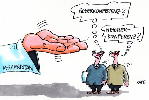 Cartoon: Nehmerkonferenz (medium) by RABE tagged geberkonferenz,geber,tokio,nehmer,nehmerkonferenz,afghanistan,karsai,präsident,afghanistankrieg,wiederaufbau,euro,hilfe,unterstützung,bettler,behörden,schulden,schuldenkrise,verbündete,bundeswehr,geberkonferenz,tokio,afghanistan,afghanistankrieg