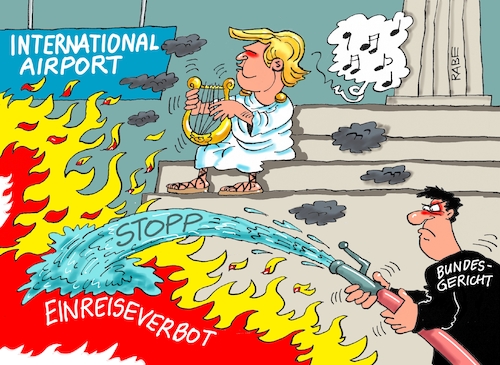 Cartoon: Nero (medium) by RABE tagged trump,präsident,usa,rede,bild,times,strafzoll,autobauer,bmw,rabe,ralf,böhme,cartoon,karikatur,pressezeichnung,farbcartoon,tagescartoon,einreiseverbot,einreisestopp,stopp,bundesgericht,us,international,airport,richter,eilantrag,flughäfen,is,terroristen,muslime,kaiser,nero,rom,lyra,gesang,flammen,brand,brandstifter,feuerwehr,schlauch,löschen,löscheinsatz,trump,präsident,usa,rede,bild,times,strafzoll,autobauer,bmw,rabe,ralf,böhme,cartoon,karikatur,pressezeichnung,farbcartoon,tagescartoon,einreiseverbot,einreisestopp,stopp,bundesgericht,us,international,airport,richter,eilantrag,flughäfen,is,terroristen,muslime,kaiser,nero,rom,lyra,gesang,flammen,brand,brandstifter,feuerwehr,schlauch,löschen,löscheinsatz