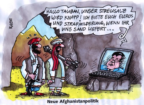 Cartoon: Neue Afghanistanpolitik (medium) by RABE tagged afghanistanpolitik,militär,afghanistaneinsatz,taliban,alkaida,guttenberg,außenminister,euro,waffen,terror,panzerfaust,maschinengewehr,strafmilderung,feldlager,kundus,winter,winterdienst,wetter,streusand,streusalz,glatteis,schnee,computer,rakete,auslandseinsatz,bundeswehr,schneeschieber,afghanistan,militär,afghanistaneinsatz,taliban,guttenberg,außenminister,waffen,terror,winter,kundus,wetter,schnee,glatteis