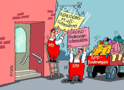 Cartoon: Neue Firmierung (medium) by RABE tagged sonderparteitag,spd,martin,schulz,ja,groko,koalitionsverhandlungen,rabe,ralf,böhme,cartoon,karikatur,pressezeichnung,farbcartoon,tagescartoon,merkel,union,koalitionsgespräche,forderungen,änderungen,lkw,maßschneiderei,änderungsschneiderei,sonderparteitag,spd,martin,schulz,ja,groko,koalitionsverhandlungen,rabe,ralf,böhme,cartoon,karikatur,pressezeichnung,farbcartoon,tagescartoon,merkel,union,koalitionsgespräche,forderungen,änderungen,lkw,maßschneiderei,änderungsschneiderei