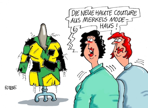 Cartoon: Neues aus der Modebranche (medium) by RABE tagged grüne,jamaika,sondierungsgespräche,regierungsbildung,amtshandlung,rabe,ralf,böhme,cartoon,karikatur,pressezeichnung,farbcartoon,tagescartoon,berzhigung,beruhigungspillen,merkel,merkelraute,kanzleramt,modehaus,modepuppe,schaufensterfigur,kostüm,flickenteppich,lumpen,grüne,jamaika,sondierungsgespräche,regierungsbildung,amtshandlung,rabe,ralf,böhme,cartoon,karikatur,pressezeichnung,farbcartoon,tagescartoon,berzhigung,beruhigungspillen,merkel,merkelraute,kanzleramt,modehaus,modepuppe,schaufensterfigur,kostüm,flickenteppich,lumpen