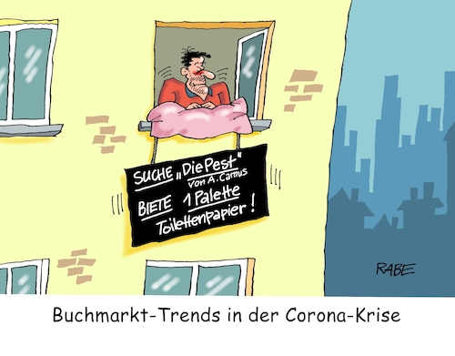 Cartoon: Neues vom Büchermarkt (medium) by RABE tagged virus,corona,pandemie,coronakrise,rabe,ralf,böhme,cartoon,karikatur,pressezeichnung,farbcartoon,tagescartoon,viren,virenschutz,mundschutz,desinfektion,föderal,föderalismus,ländersache,bücher,büchermarkt,bestseller,die,pest,camus,tauschgeschäft,toilettenpapier,klopapier,palette,hamsterkauf,lesen,leser,virus,corona,pandemie,coronakrise,rabe,ralf,böhme,cartoon,karikatur,pressezeichnung,farbcartoon,tagescartoon,viren,virenschutz,mundschutz,desinfektion,föderal,föderalismus,ländersache,bücher,büchermarkt,bestseller,die,pest,camus,tauschgeschäft,toilettenpapier,klopapier,palette,hamsterkauf,lesen,leser