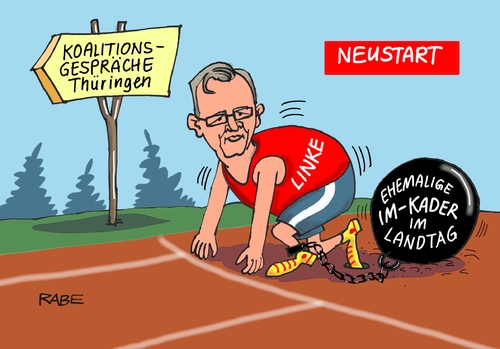 Cartoon: Neustart (medium) by RABE tagged ramelow,thüringen,ministerpräsident,landesregierung,rotrotgrün,koalitionsgespräche,linke,spd,grüne,rabe,ralf,böhme,cartoon,karikatur,pressezeichnung,farbcartoon,tagescartoon,neustart,aschenbahn,sprinter,kette,fußfessele,bausewein,stasi,sed,kader,im,ramelow,thüringen,ministerpräsident,landesregierung,rotrotgrün,koalitionsgespräche,linke,spd,grüne,rabe,ralf,böhme,cartoon,karikatur,pressezeichnung,farbcartoon,tagescartoon,neustart,aschenbahn,sprinter,kette,fußfessele,bausewein,stasi,sed,kader,im