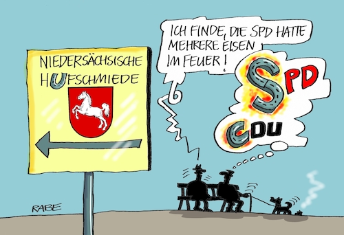 Cartoon: Niedersachsen Wahl (medium) by RABE tagged niedersachsen,landtagswahl,weil,kopf,renne,spd,cdu,linke,grüne,afd,rabe,ralf,böhme,cartoon,karikatur,pressezeichnung,farbcartoon,tagescartoon,hannover,schmiede,hufschmiede,hufeisen,pferd,feuer,niedersachsen,landtagswahl,weil,kopf,renne,spd,cdu,linke,grüne,afd,rabe,ralf,böhme,cartoon,karikatur,pressezeichnung,farbcartoon,tagescartoon,hannover,schmiede,hufschmiede,hufeisen,pferd,feuer