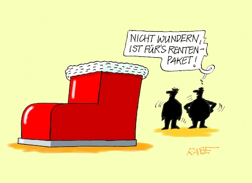 Cartoon: Nikolausstiefel (medium) by RABE tagged merz,union,kanzler,fritze,koalition,spd,klingbeil,bundesregierung,rabe,ralf,böhme,cartoon,karikatur,pressezeichnung,farbcartoon,tagescartoon,trump,putin,krisen,tv,nachrichten,waschmaschine,rente,rentenpaket,rentenreform,stiefel,schuh,nikolaus,nikolausstiefel,merz,union,kanzler,fritze,koalition,spd,klingbeil,bundesregierung,rabe,ralf,böhme,cartoon,karikatur,pressezeichnung,farbcartoon,tagescartoon,trump,putin,krisen,tv,nachrichten,waschmaschine,rente,rentenpaket,rentenreform,stiefel,schuh,nikolaus,nikolausstiefel