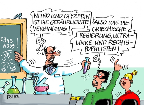 Cartoon: Nitroglyzerin (medium) by RABE tagged griechenland,athen,austritt,eurozone,linksbündnis,rabe,ralf,böhme,cartoon,karikatur,pressezeichnung,farbcartoon,tagescartoon,syriza,tsipras,ezb,brüssel,schuldenschnitt,varoufakis,volsabstimmung,volksentscheid,ultralinke,rechtspopulisten,sonntag,juncker,chemie,chemielehrer,chemieunterricht,nitro,glyzerin,nitroglyzerin,explosion,griechenland,athen,austritt,eurozone,linksbündnis,rabe,ralf,böhme,cartoon,karikatur,pressezeichnung,farbcartoon,tagescartoon,syriza,tsipras,ezb,brüssel,schuldenschnitt,varoufakis,volsabstimmung,volksentscheid,ultralinke,rechtspopulisten,sonntag,juncker,chemie,chemielehrer,chemieunterricht,nitro,glyzerin,nitroglyzerin,explosion