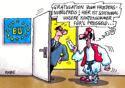 Cartoon: Nobelpreis (medium) by RABE tagged frieden,nobelpreis,kontonummer,gratulation,eurokrise,euro,rettungsschirm,griechenland,kanzlerin,merkel,friedensentwicklung,europa,komiteechef,nobelkomitee,norwegen,union,europäische,eu,berlin,oslo,friedensnobelpreis,prämie,preisgeld,nobelpreis,frieden,friedensnobelpreis,oslo,berlin,eu,europäische,union,norwegen,nobelkomitee,komiteechef,europa,friedensentwicklung,merkel,kanzlerin,griechenland,rettungsschirm,euro,eurokrise,gratulation,kontonummer,preisgeld,prämie