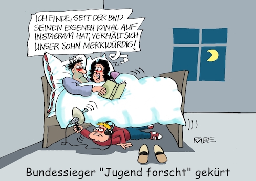 Cartoon: Nochmal Jugend forscht (medium) by RABE tagged jugend,forscht,bundessieger,bnd,geheimdienst,abhörtechnik,rabe,ralf,böhme,cartoon,karikatur,pressezeichnung,farbcartoon,tagescartoon,richtmikrofon,bett,schlafzimmer,eltern,jugend,forscht,bundessieger,bnd,geheimdienst,abhörtechnik,rabe,ralf,böhme,cartoon,karikatur,pressezeichnung,farbcartoon,tagescartoon,richtmikrofon,bett,schlafzimmer,eltern