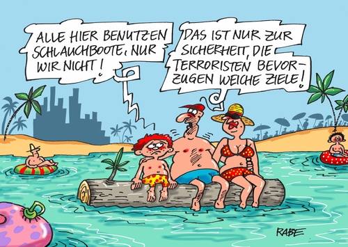 Cartoon: Nochmal weiche Ziele (medium) by RABE tagged ziel,weich,urlauber,terroristen,is,islamisten,anschläge,sprengstoffanschlag,terroranschlag,maschinengewehr,rabe,ralf,böhme,cartoon,karikatur,pressezeichnung,farbcartoon,tagescartoon,urlaub,hotel,strand,sonne,meer,schlauchboot,baumstamm,ziel,weich,urlauber,terroristen,is,islamisten,anschläge,sprengstoffanschlag,terroranschlag,maschinengewehr,rabe,ralf,böhme,cartoon,karikatur,pressezeichnung,farbcartoon,tagescartoon,urlaub,hotel,strand,sonne,meer,schlauchboot,baumstamm