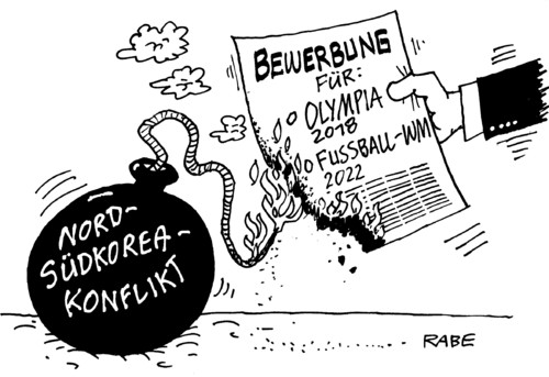 Cartoon: Nord-Südkorea (medium) by RABE tagged nordkorea,südkorea,konflikt,militär,bomben,olympiade,fußballweltmeisterschaft,feuer,brandherd,konflikt,nordkorea,südkorea,militär,krieg,brandherd,olympiade,füßball,wm,feuer,lunte,bombe