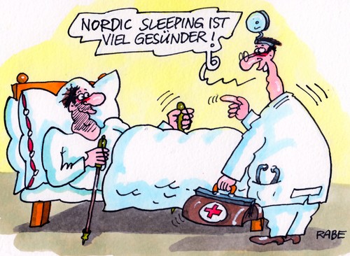 Cartoon: Nordic Sleeping (medium) by RABE tagged nordicwalking,nordicsleeping,sleeping,schlafen,gesundheit,laufen,spazieren,walken,spazierstöcke,arzt,bett,patient,rabe,ralf,böhme,cartoon,karikatur,krankenbett,hausbesuch,hausarzt,theraopie,bettwäsche,nordicwalking,nordicsleeping,sleeping,schlafen,gesundheit,laufen,spazieren,walken,spazierstöcke,arzt,bett,patient,rabe,ralf,böhme,cartoon,karikatur,krankenbett,hausbesuch,hausarzt,theraopie,bettwäsche