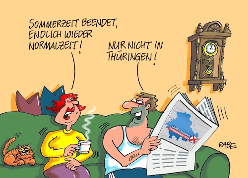 Cartoon: Normalzeit in Thüringen (medium) by RABE tagged landtagswahlen,wahlergebnisse,sachsen,brandenburg,groko,spd,cdu,rabe,ralf,böhme,cartoon,karikatur,pressezeichnung,farbcartoon,tagescartoon,arzt,doktor,csu,afd,verluste,rechte,populismus,erfurt,thüringen,bodo,ramelow,linke,mike,mohring,minderheitsregierun,zeitunstellung,sommerzeit,winterzeit,normalzeit,landtagswahlen,wahlergebnisse,sachsen,brandenburg,groko,spd,cdu,rabe,ralf,böhme,cartoon,karikatur,pressezeichnung,farbcartoon,tagescartoon,arzt,doktor,csu,afd,verluste,rechte,populismus,erfurt,thüringen,bodo,ramelow,linke,mike,mohring,minderheitsregierun,zeitunstellung,sommerzeit,winterzeit,normalzeit