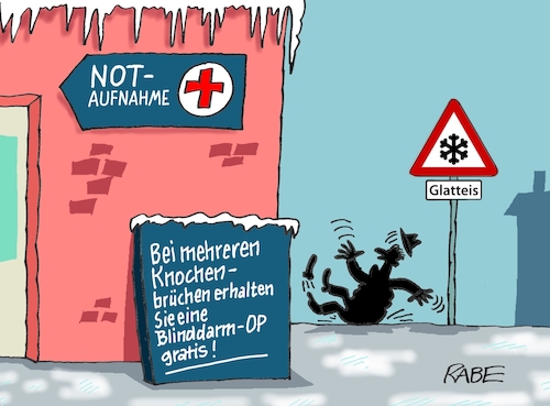 Cartoon: Notaufnahme (medium) by RABE tagged kälte,winter,frost,eis,schnee,wetter,wetterbericht,eisglätte,dauerfrost,cartoon,karikatur,rabe,ralf,böhme,tageszeichnung,farbcartoon,pressezeichnung,feuerwehr,kind,eisen,metall,zunge,klima,klimakleber,notaufnahme,sturz,unfall,knochenbrüche,glatteis,bruch,op,operation,blinddarm,blinddarmoperation,kälte,winter,frost,eis,schnee,wetter,wetterbericht,eisglätte,dauerfrost,cartoon,karikatur,rabe,ralf,böhme,tageszeichnung,farbcartoon,pressezeichnung,feuerwehr,kind,eisen,metall,zunge,klima,klimakleber,notaufnahme,sturz,unfall,knochenbrüche,glatteis,bruch,op,operation,blinddarm,blinddarmoperation