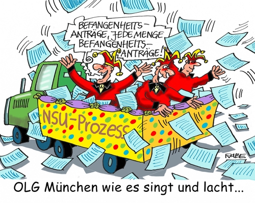 Cartoon: NSU Prozess (medium) by RABE tagged nsu,prozess,nazitrio,olg,münchen,zschäpe,befangenheitsanträge,richter,rabe,ralf,böhme,cartoon,karikatur,pressezeichnung,farbcartoon,tagescartoon,festumzug,faschingsumzug,umzugswagen,motivwagen,kamelle,köln,nsu,prozess,nazitrio,olg,münchen,zschäpe,befangenheitsanträge,richter,rabe,ralf,böhme,cartoon,karikatur,pressezeichnung,farbcartoon,tagescartoon,festumzug,faschingsumzug,umzugswagen,motivwagen,kamelle,köln