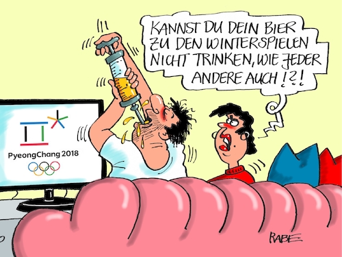 Cartoon: Olympia Doping (medium) by RABE tagged olympia,winterspiele,südkorea,pyeongchang,bach,eröffnung,nordkorea,doping,dopingsperre,dopingverdacht,rabe,ralf,böhme,cartoon,karikatur,pressezeichnung,farbcartoon,tagescartoon,dopingsünder,spritze,bier,fernsehen,fernsehübertragung,urinbrobe,olympia,winterspiele,südkorea,pyeongchang,bach,eröffnung,nordkorea,doping,dopingsperre,dopingverdacht,rabe,ralf,böhme,cartoon,karikatur,pressezeichnung,farbcartoon,tagescartoon,dopingsünder,spritze,bier,fernsehen,fernsehübertragung,urinbrobe